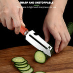 3-in-1 peeler knife with wooden handle slicing a cucumber on a wooden board