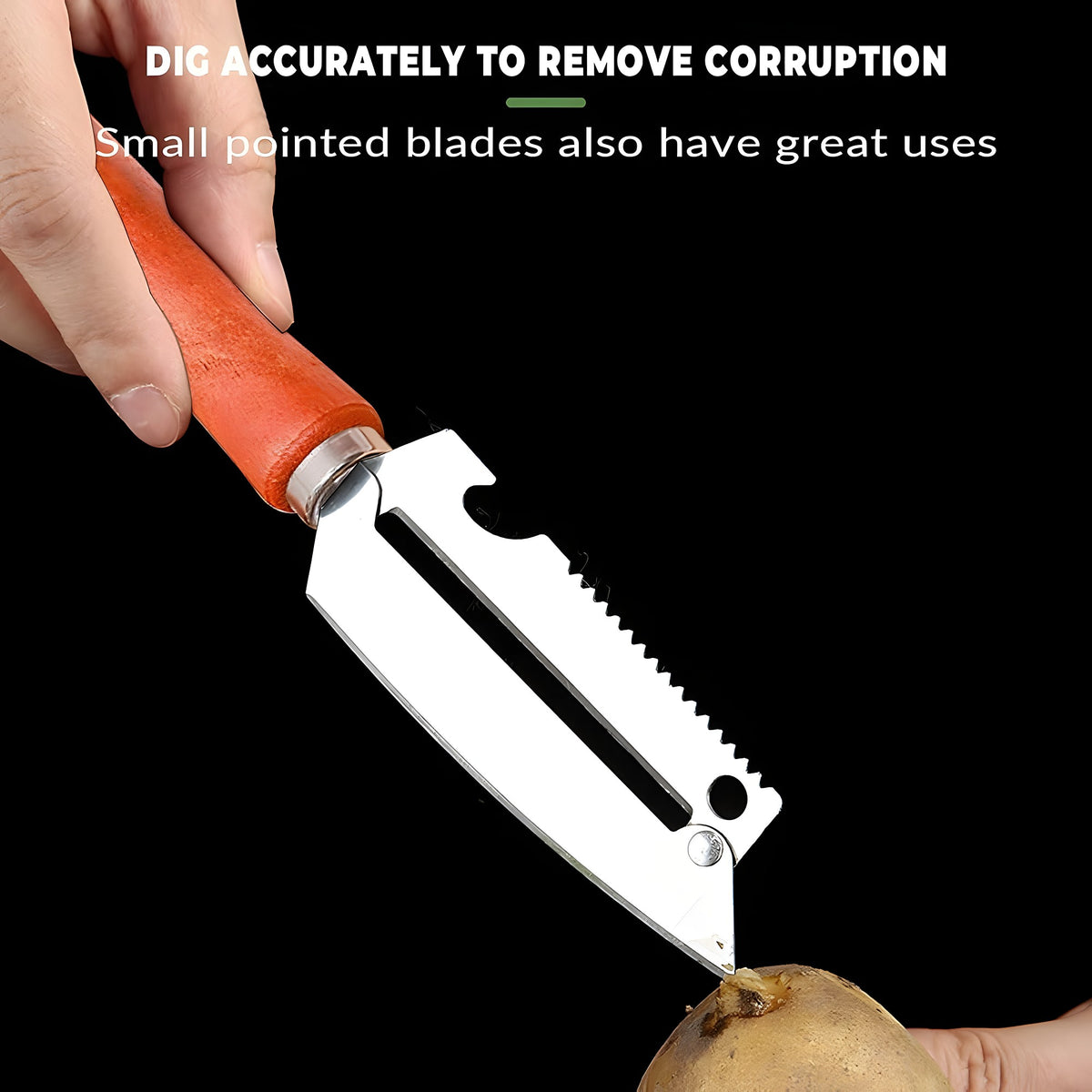 Pointed tip of the stainless steel peeler knife removing an eye from a potato