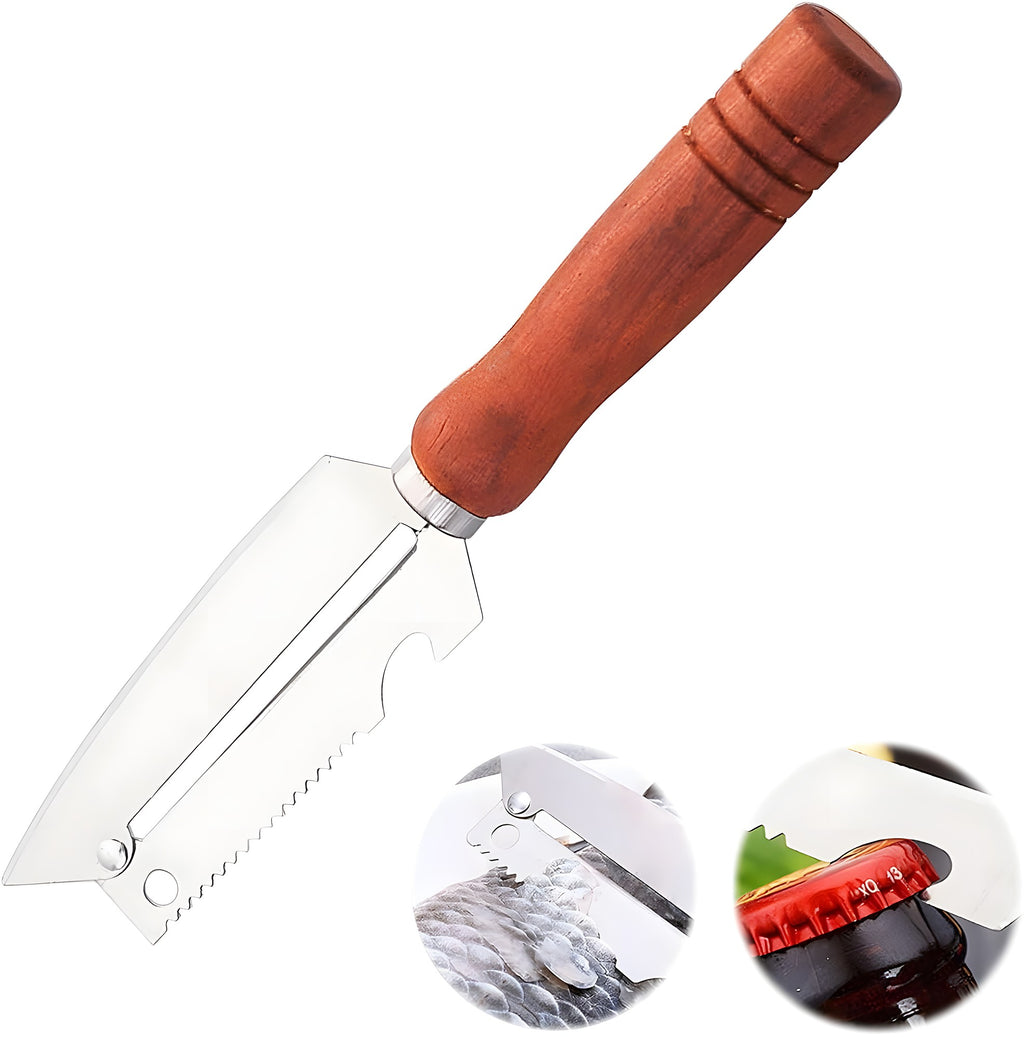3-in-1 vegetable peeler knife with wooden handle, serrated fish-scale edge and bottle opener notch