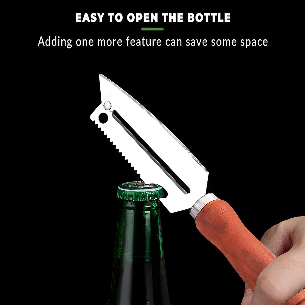 Peeler knife bottle-opener notch opening a glass bottle cap