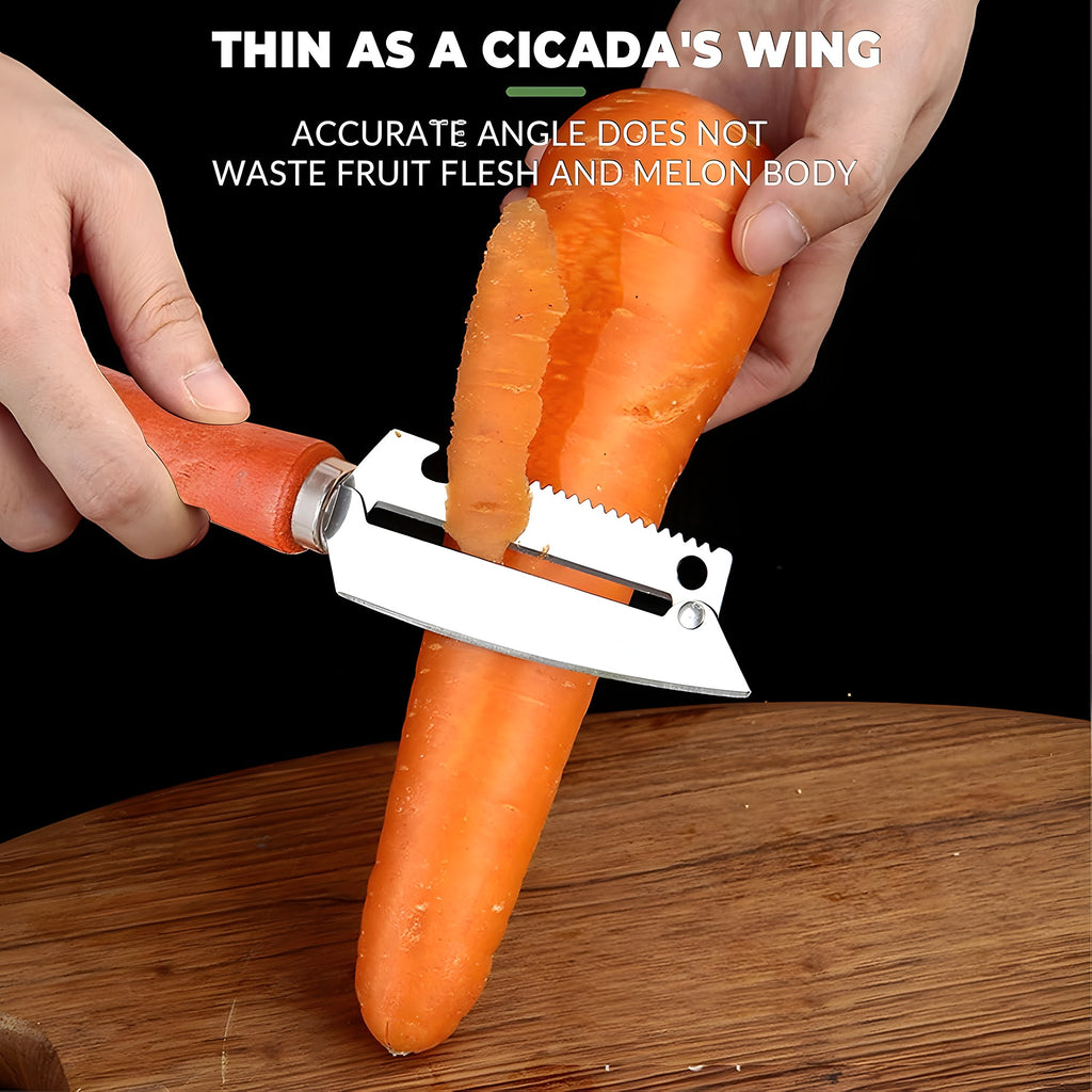 Wooden handle peeler knife taking a thin peel off a carrot