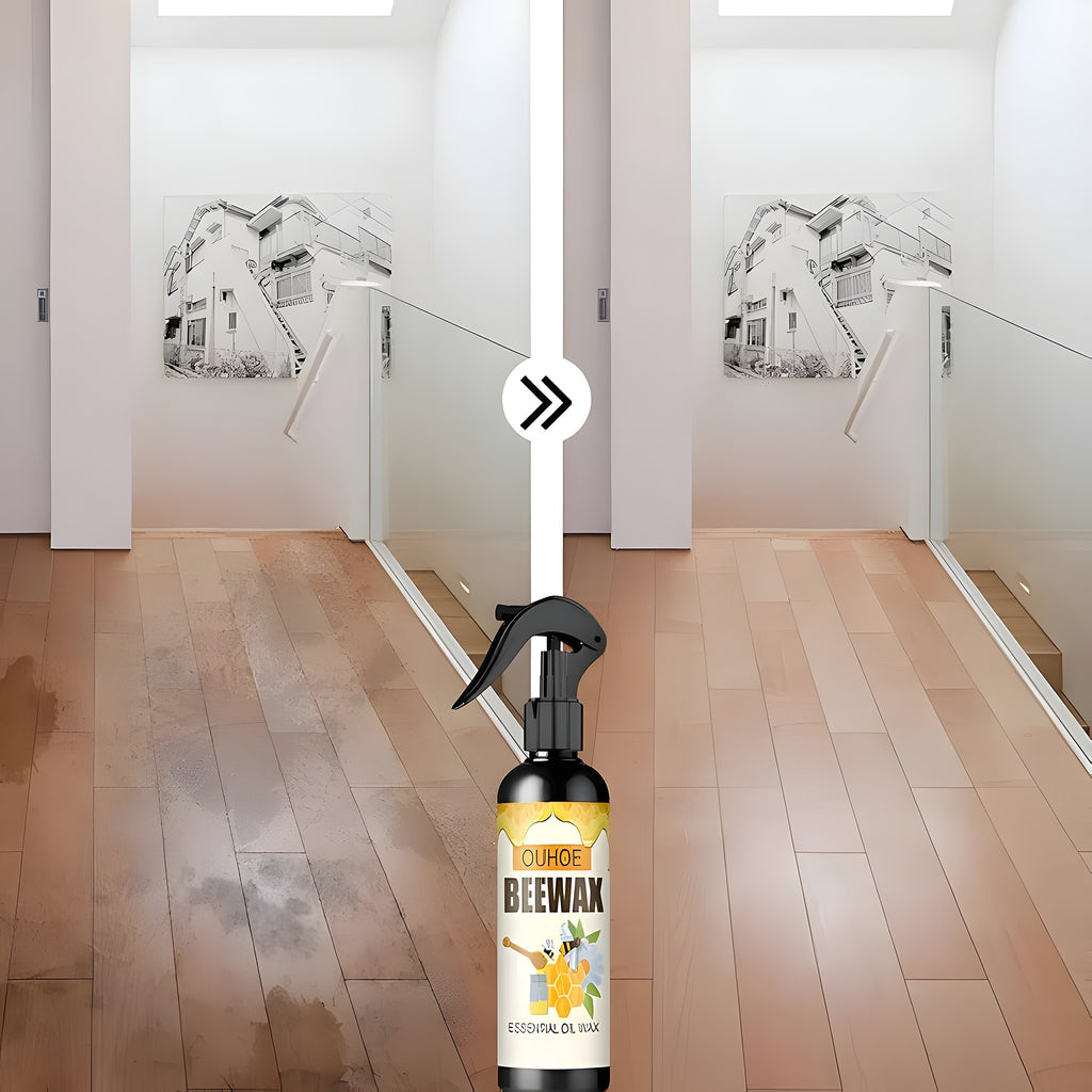 Beeswax essential oil wax spray bottle in front of a wooden floor shown dull on one side and shiny on the other