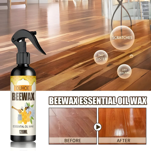 Beeswax essential oil wax spray bottle with a before and after view of a polished wooden floor
