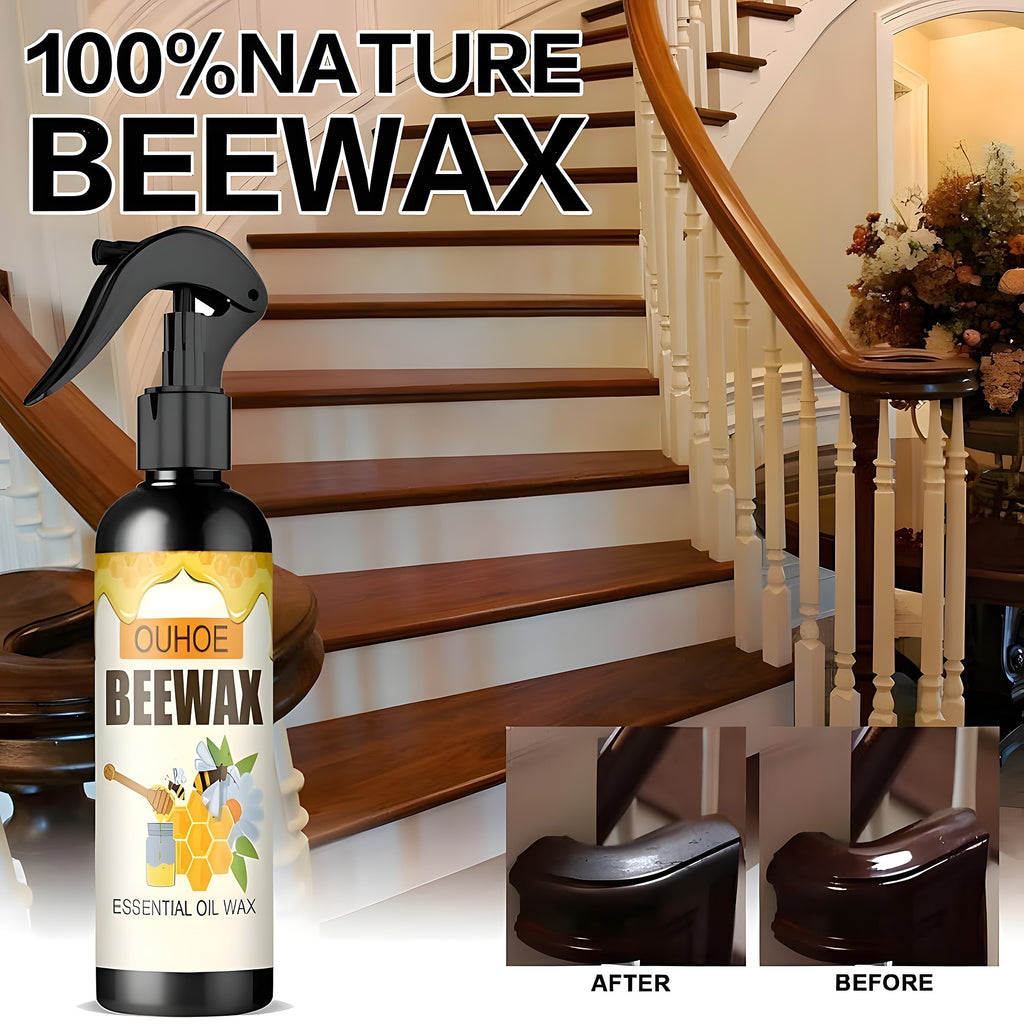 Beeswax wood polish spray bottle beside a polished wooden staircase and handrail