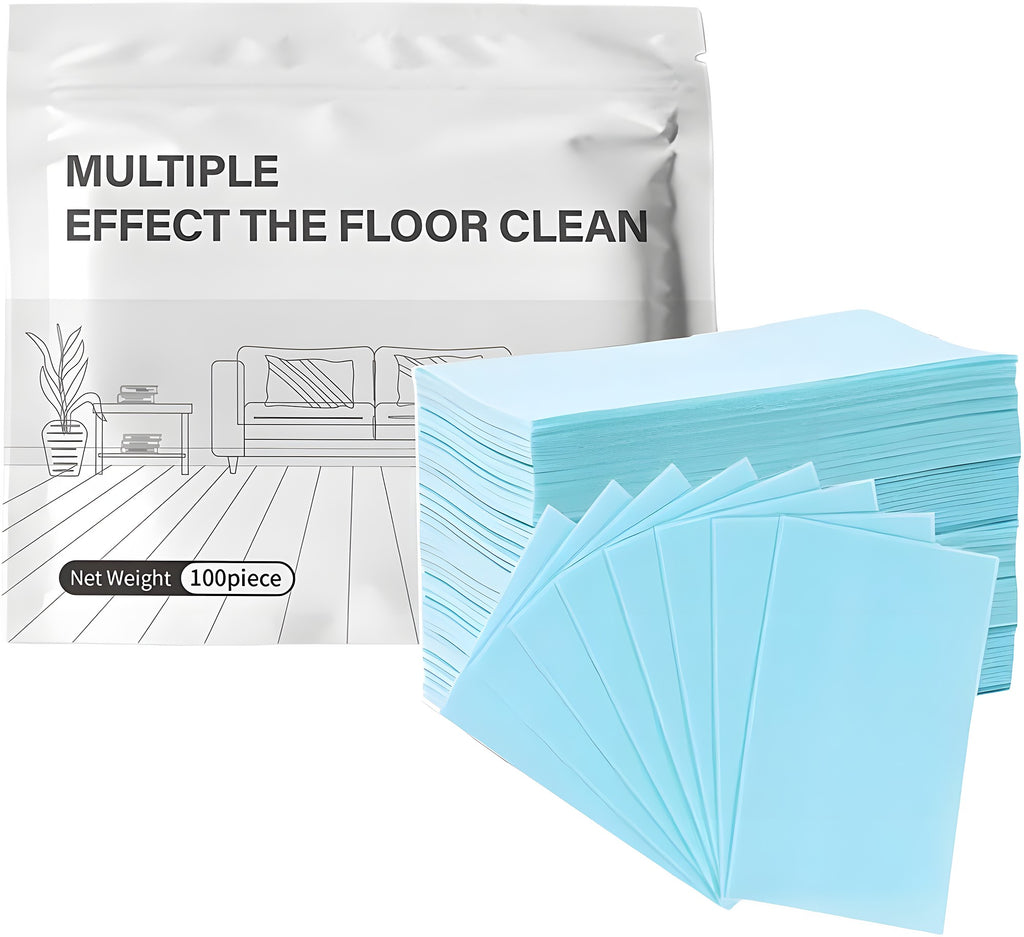 Pack of 100 dissolvable floor cleaning sheets with light blue sheets fanned out in front of the pouch