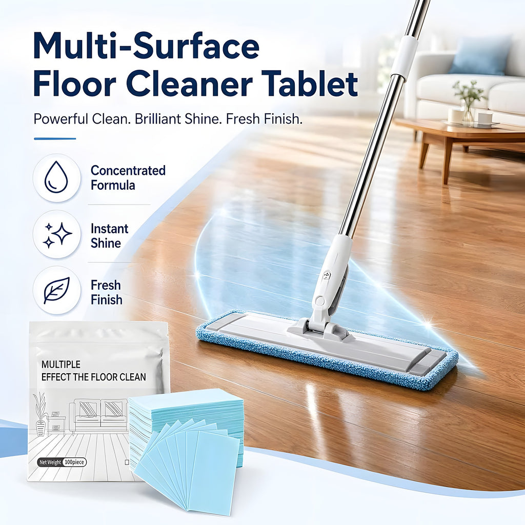 Multi-surface floor cleaning sheets with a flat mop on a shiny wooden floor and the 100-sheet pack