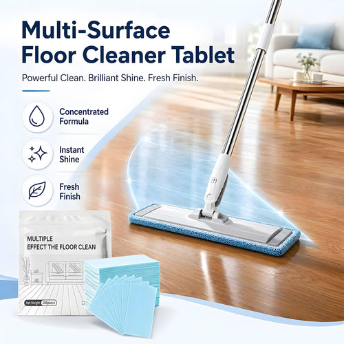 Multi-surface floor cleaning sheets with a flat mop on a shiny wooden floor and the 100-sheet pack
