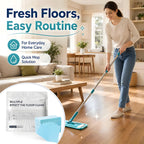 Woman mopping a wooden living-room floor using floor cleaning sheets, with the pack shown in the corner