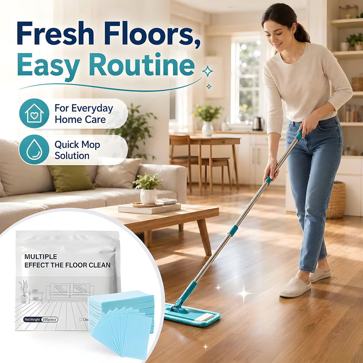 Woman mopping a wooden living-room floor using floor cleaning sheets, with the pack shown in the corner