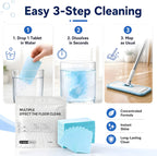 3-step use of floor cleaning sheets: drop one sheet in water, it dissolves, then mop as usual