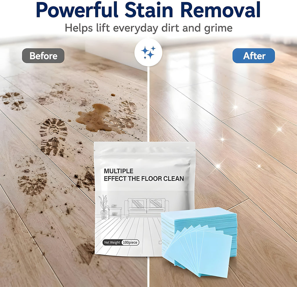 Before and after mopping a muddy wooden floor with floor cleaning sheets
