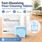 Floor cleaning sheet dissolving in a glass of water next to the 100-sheet pouch