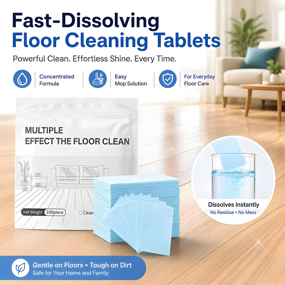 Floor cleaning sheet dissolving in a glass of water next to the 100-sheet pouch