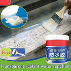 Brushing transparent waterproof glue onto a granite window sill to seal a gap
