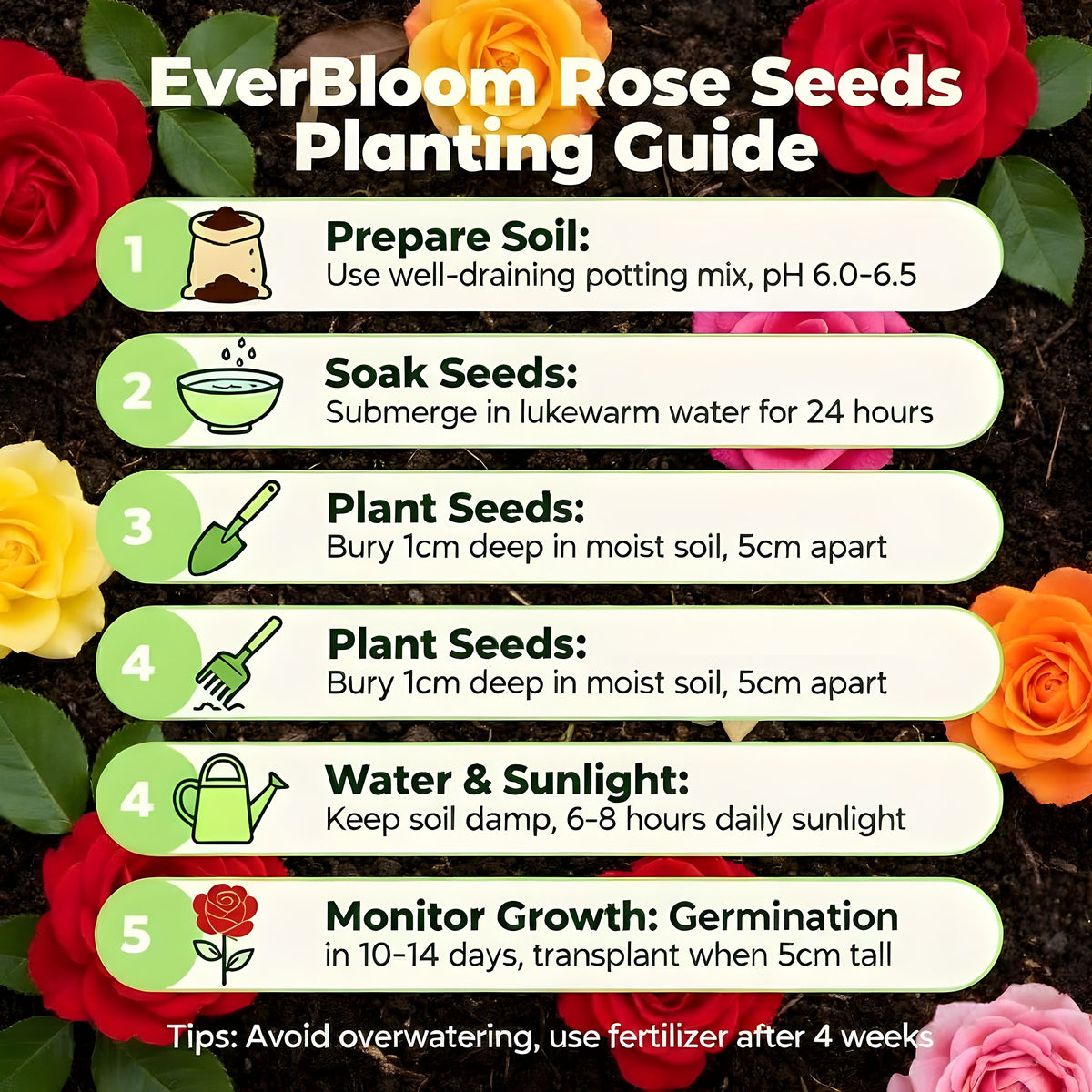 EverBloom Rose Seeds planting guide showing soil, soaking, sowing, watering and sunlight steps