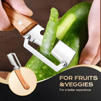 Peeling a wax gourd with the wide stainless steel blade of the wooden handle peeler