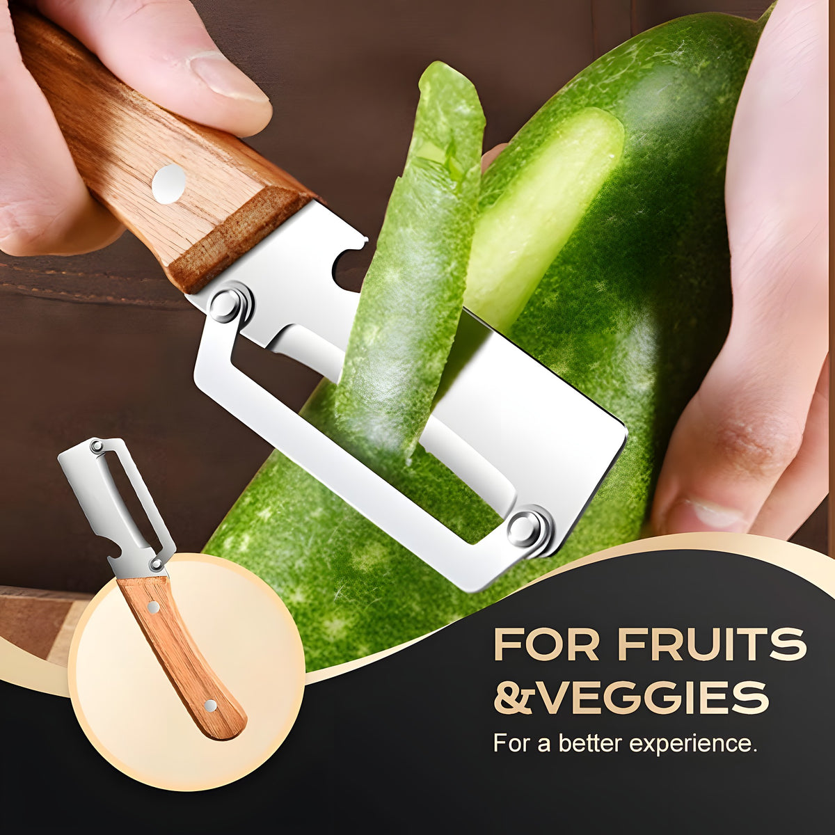 Peeling a wax gourd with the wide stainless steel blade of the wooden handle peeler
