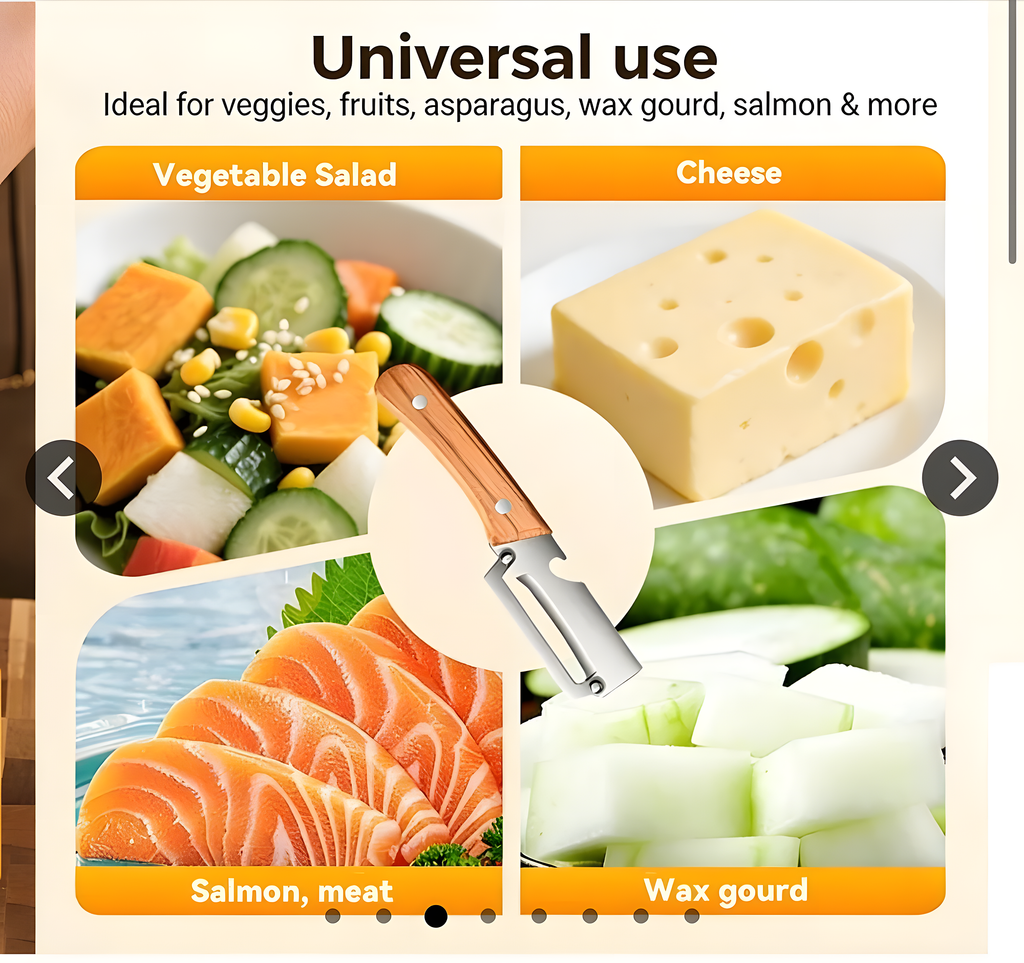 Wooden handle peeler shown with vegetables, cheese, salmon and wax gourd