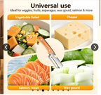 Wooden handle peeler shown with vegetables, cheese, salmon and wax gourd