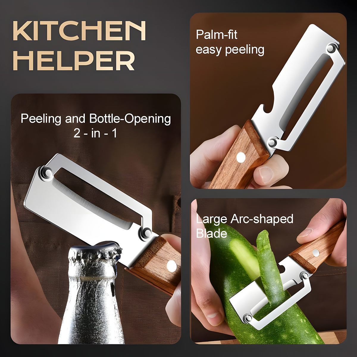 Wooden handle peeler opening a glass bottle and peeling a cucumber with its large arc-shaped blade