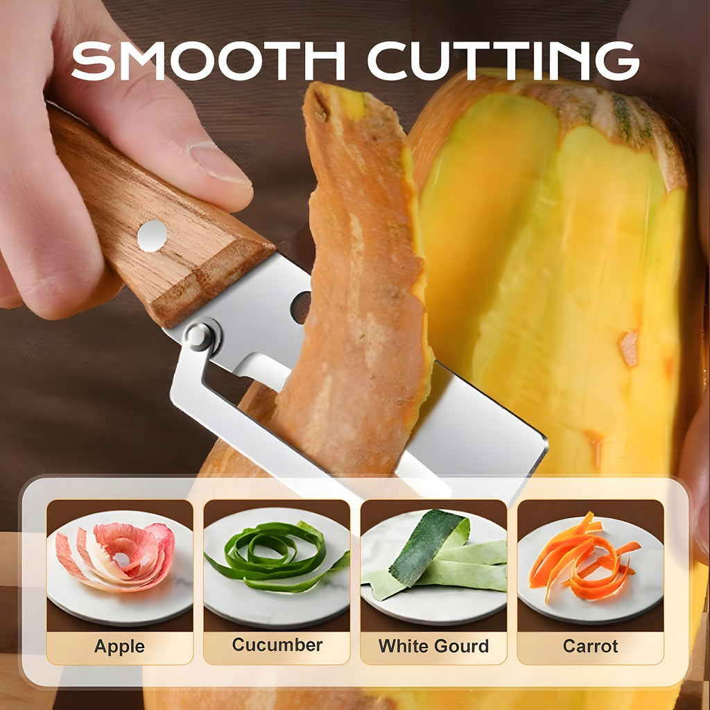 Peeling a pumpkin with the wooden handle peeler, with apple, cucumber, white gourd and carrot peel examples