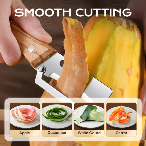 Peeling a pumpkin with the wooden handle peeler, with apple, cucumber, white gourd and carrot peel examples