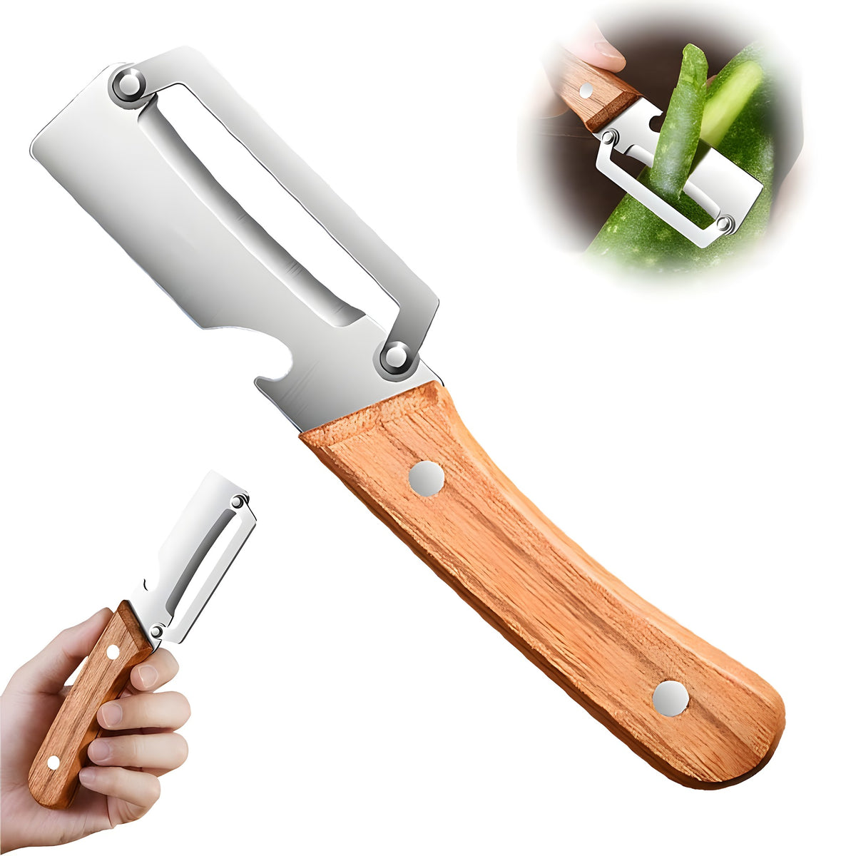 2-in-1 stainless steel vegetable peeler with wooden handle and bottle opener notch, with inset of peeling a cucumber