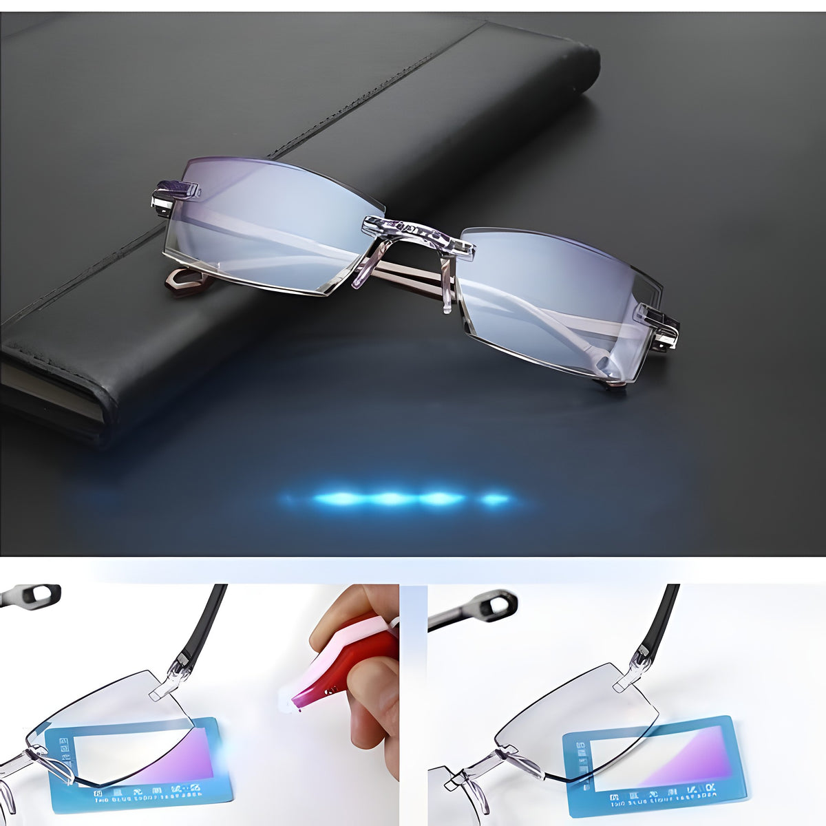 Rimless eyeglasses on a black notebook with a light test card demo
