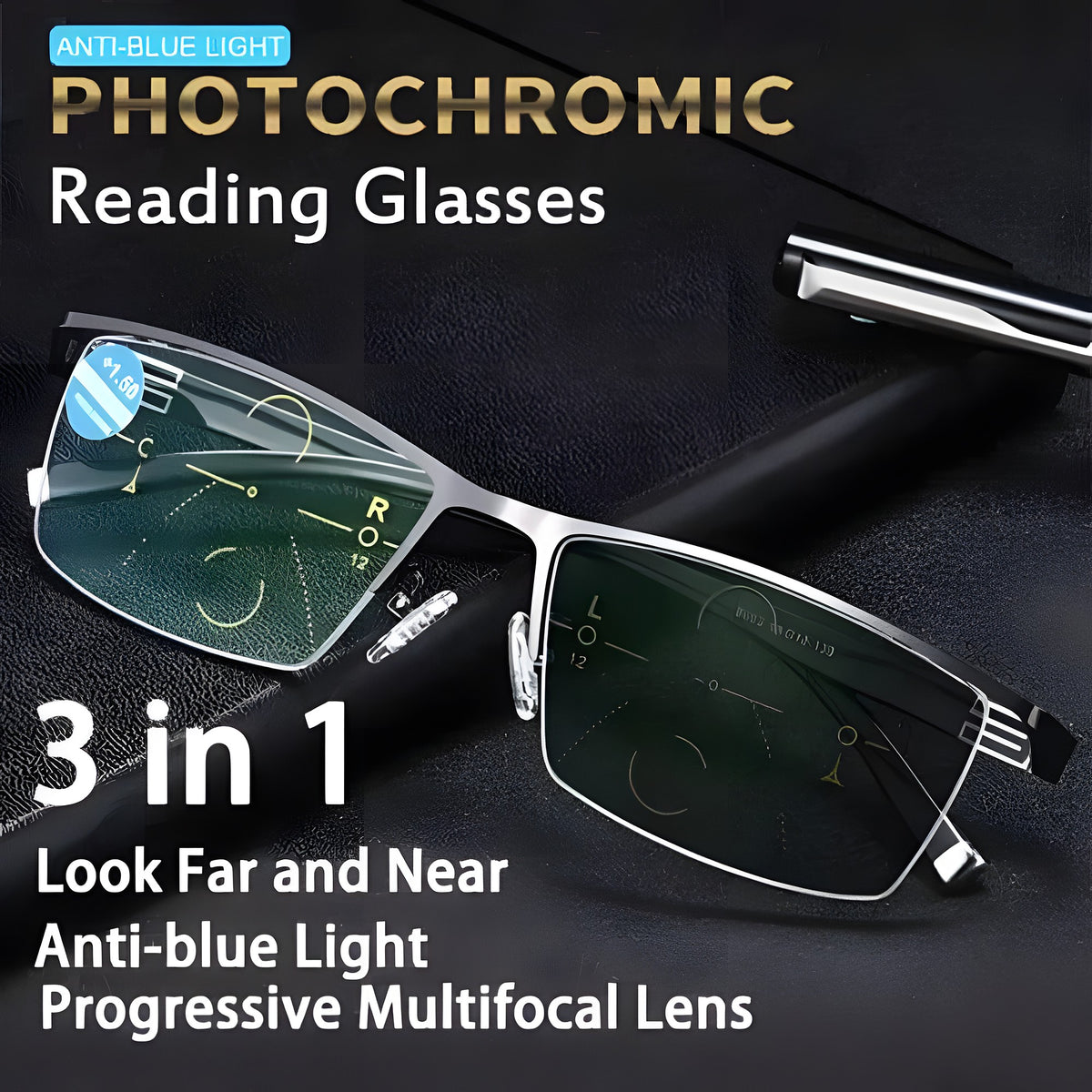 Half-rim reading glasses graphic with progressive lens markings