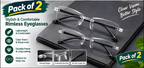 Pack of 2 rimless reading glasses with clear bridge and black temple arms