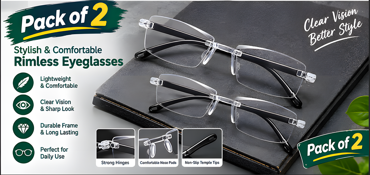 Pack of 2 rimless reading glasses with clear bridge and black temple arms